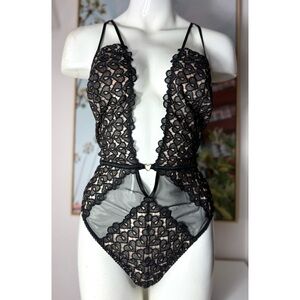 Victoria's Secret Black Nude Lace Mesh Bodysuit Teddy Thong Lingerie XL